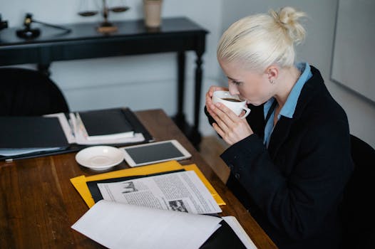 law office with documents and coffee